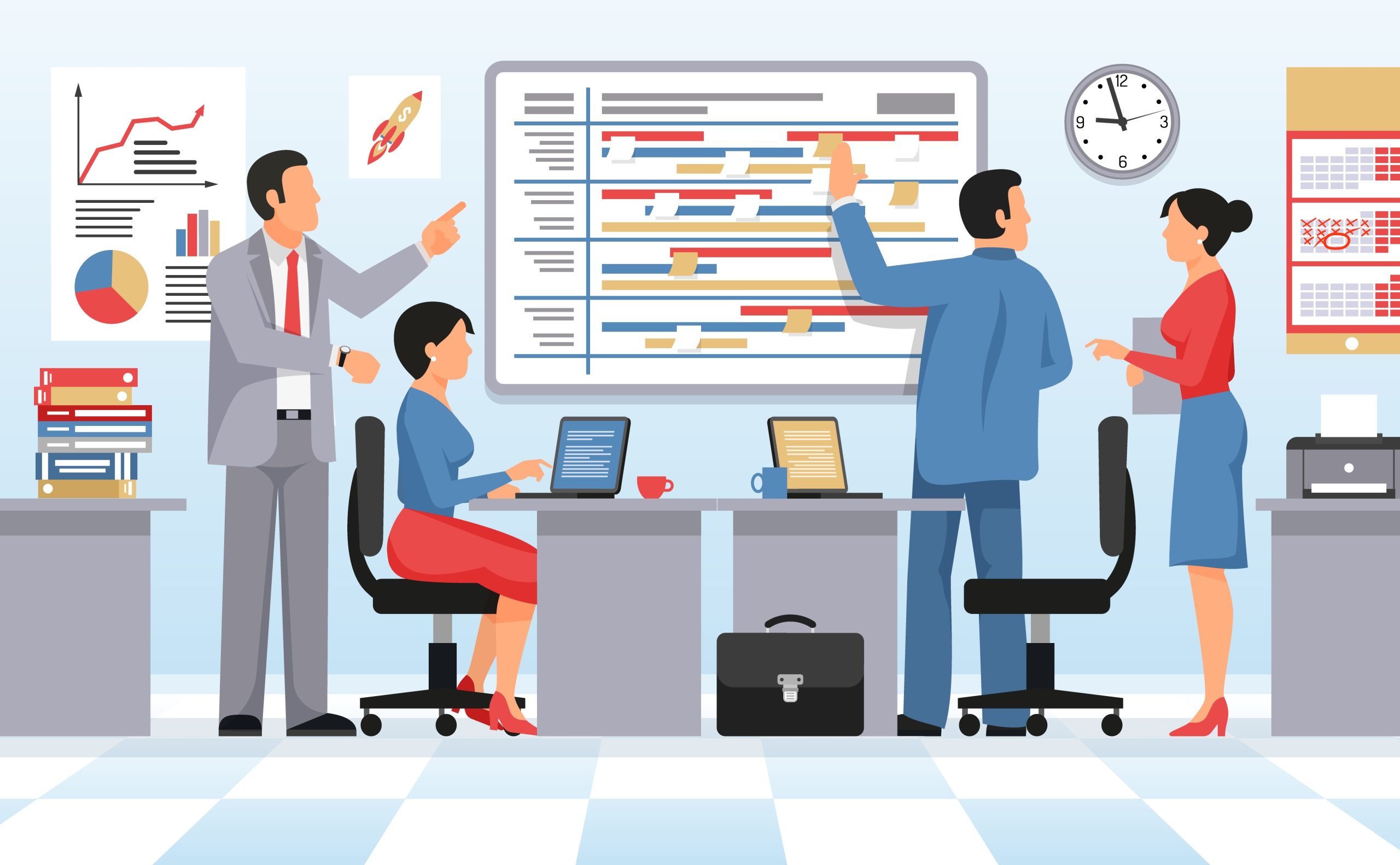 Colleagues schedule and planning work at office flat vector illustration